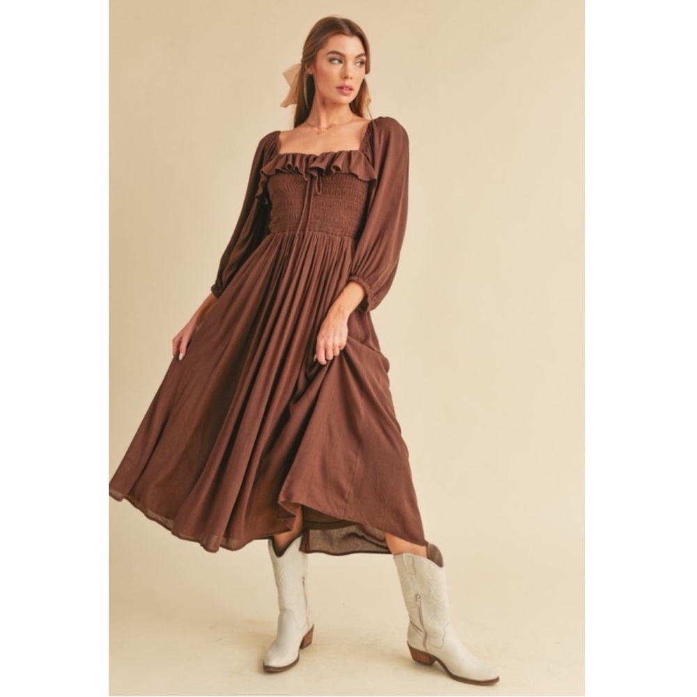 Chocolate Brown 100% Rayon Smocked Bodice Ruffle Poet Sleeve Midi Dress
